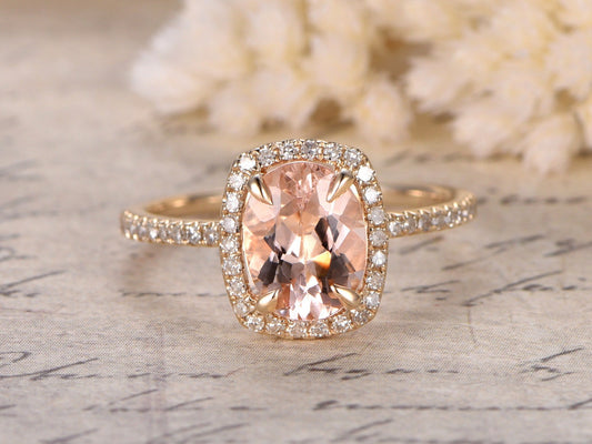 Bague de fiançailles en or jaune 14 carats avec morganite rose, bague de mariage avec diamants, pierre ovale 6x8mm, halo coussin, anneau pour femme