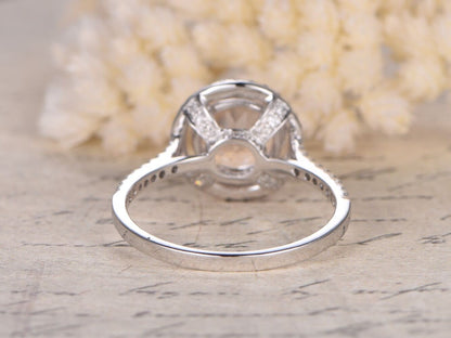 Bague de fiançailles en morganite de 9 mm, alliance en or blanc 14 carats sertie de diamants pavés, bague solitaire avec halo de diamants, alliance en diamants pour femme
