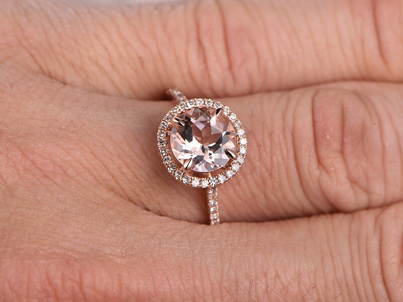 Bague de fiançailles vintage en or jaune avec morganite de 7 mm, bague halo de diamants pour femme, bague art déco, bague d'anniversaire unique, bague de mariée