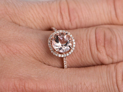 Bague de fiançailles vintage en or jaune avec morganite de 7 mm, bague halo de diamants pour femme, bague art déco, bague d'anniversaire unique, bague de mariée