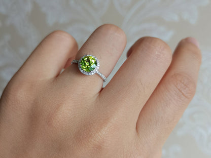 7mm Round Cut Peridot Engagement Ring 14K White Gold Diamond Halo Half Eternity Design