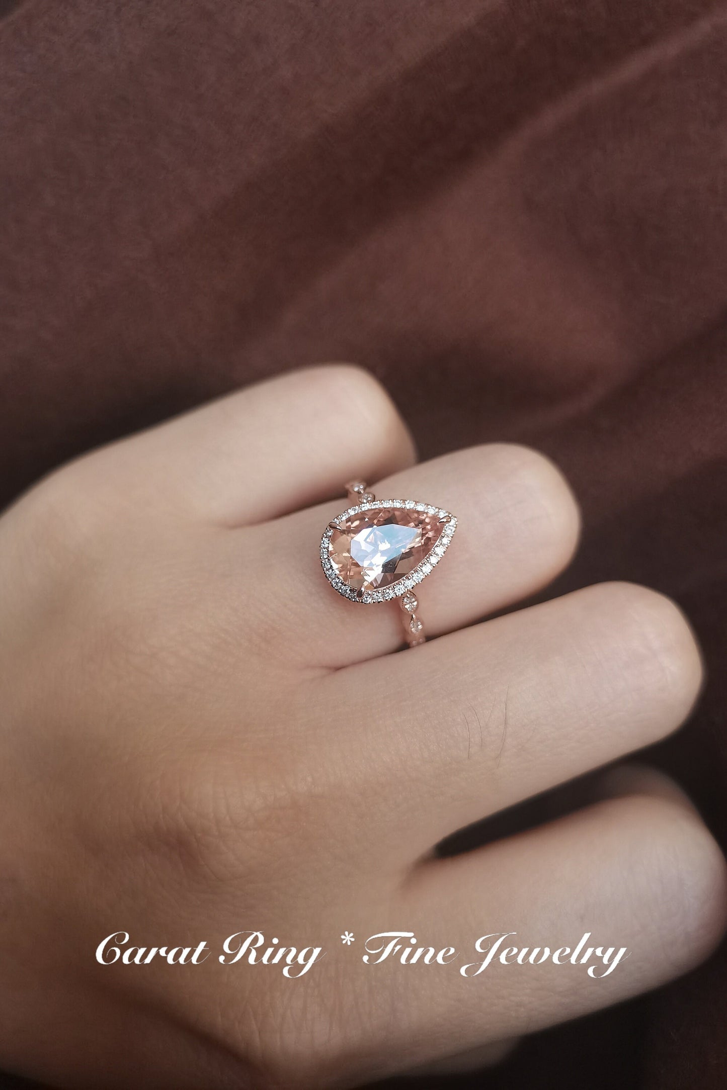 Bague de fiançailles en morganite taille poire, alliance style Art déco antique, pierre précieuse 8x12mm, bague de promesse, bague halo diamant, bague de mariée en or rose 14 carats