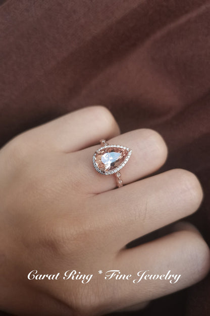 Bague de fiançailles en morganite taille poire, alliance style Art déco antique, pierre précieuse 8x12mm, bague de promesse, bague halo diamant, bague de mariée en or rose 14 carats