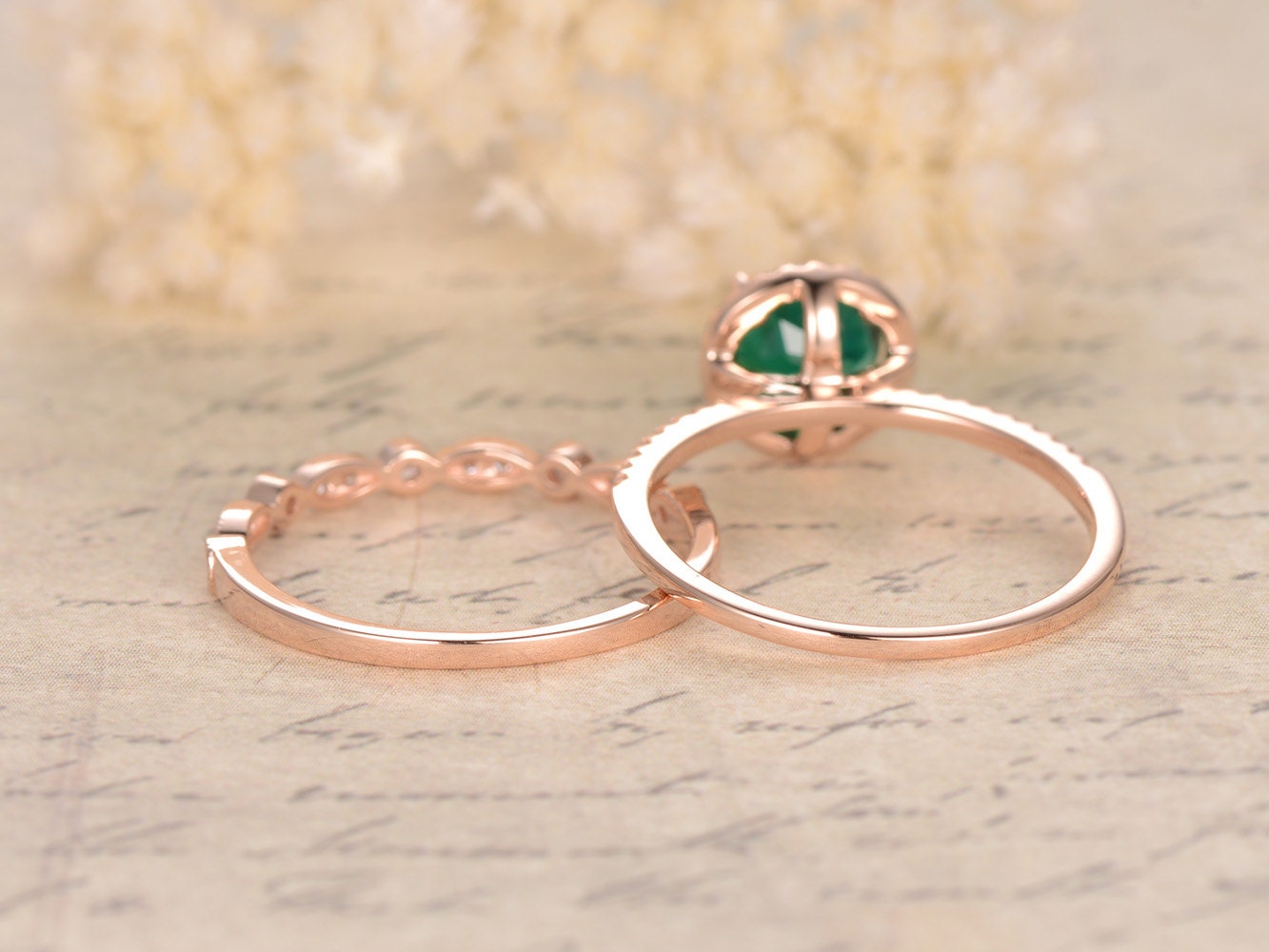 Bague de fiançailles ornée d'une émeraude, bague en émeraude taille ronde de 7 mm, alliance en diamants style Art déco, ensemble de bagues de mariée, or rose 14 carats, bague de naissance de mai