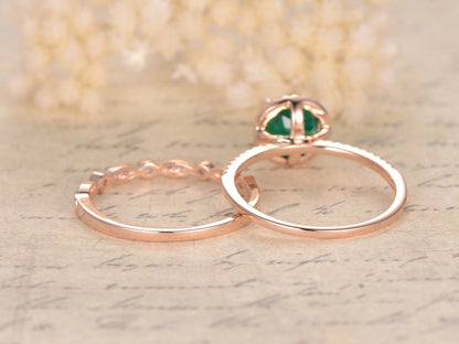 Bague de fiançailles ornée d'une émeraude, bague en émeraude taille ronde de 7 mm, alliance en diamants style Art déco, ensemble de bagues de mariée, or rose 14 carats, bague de naissance de mai
