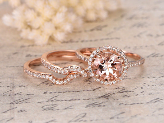 8mm Round Cut Morganite Engagement Ring Set 3pcs 14K Rose Gold Diamond Halo | Two Curved Matching Band