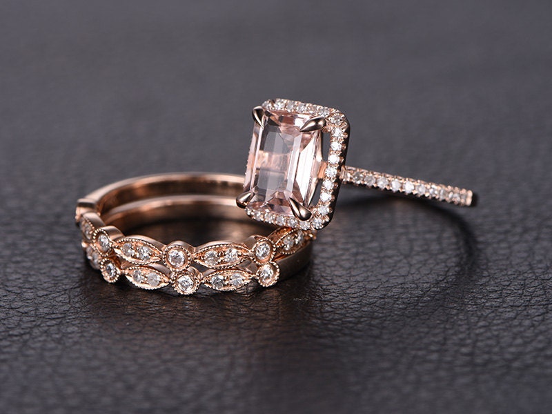 6x8mm-emerald-cut-morganite-engagement-ring-set-3pcs-14k-rose-gold-diamond-halo-two-art-deco-bands