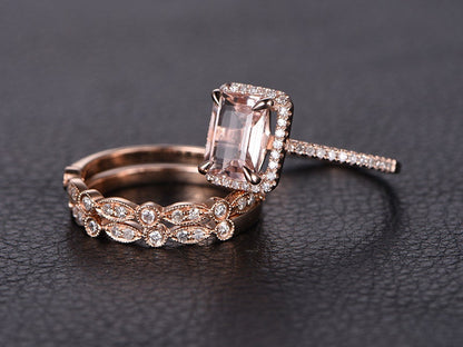 6x8mm-emerald-cut-morganite-engagement-ring-set-3pcs-14k-rose-gold-diamond-halo-two-art-deco-bands