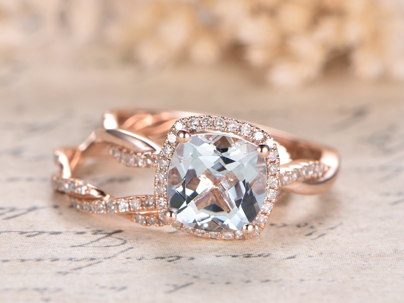 Bague de fiançailles en aigue-marine, anneau fendu serti de diamants, alliance sertie d'aigue-marine et de diamants, ensemble de 2 bagues de mariage.
