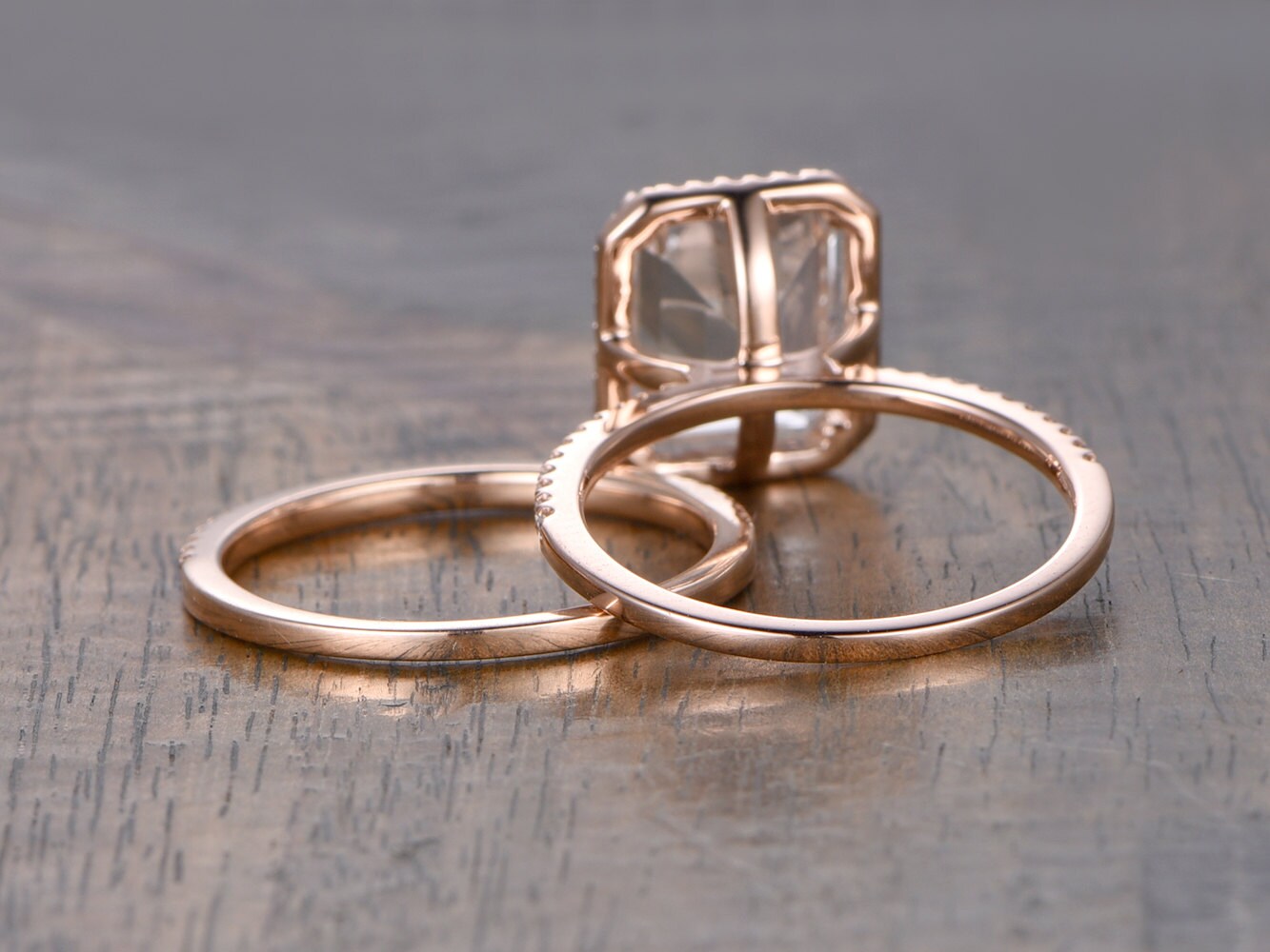 8x10mm Emerald Cut White Topaz Engagement Ring Set 2pcs 14K Rose Gold Diamond Halo | Thin Matching Band