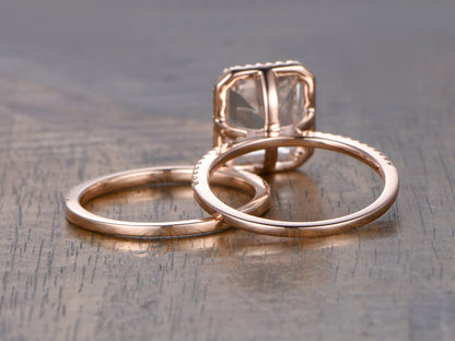 8x10mm Emerald Cut White Topaz Engagement Ring Set 2pcs 14K Rose Gold Diamond Halo | Thin Matching Band