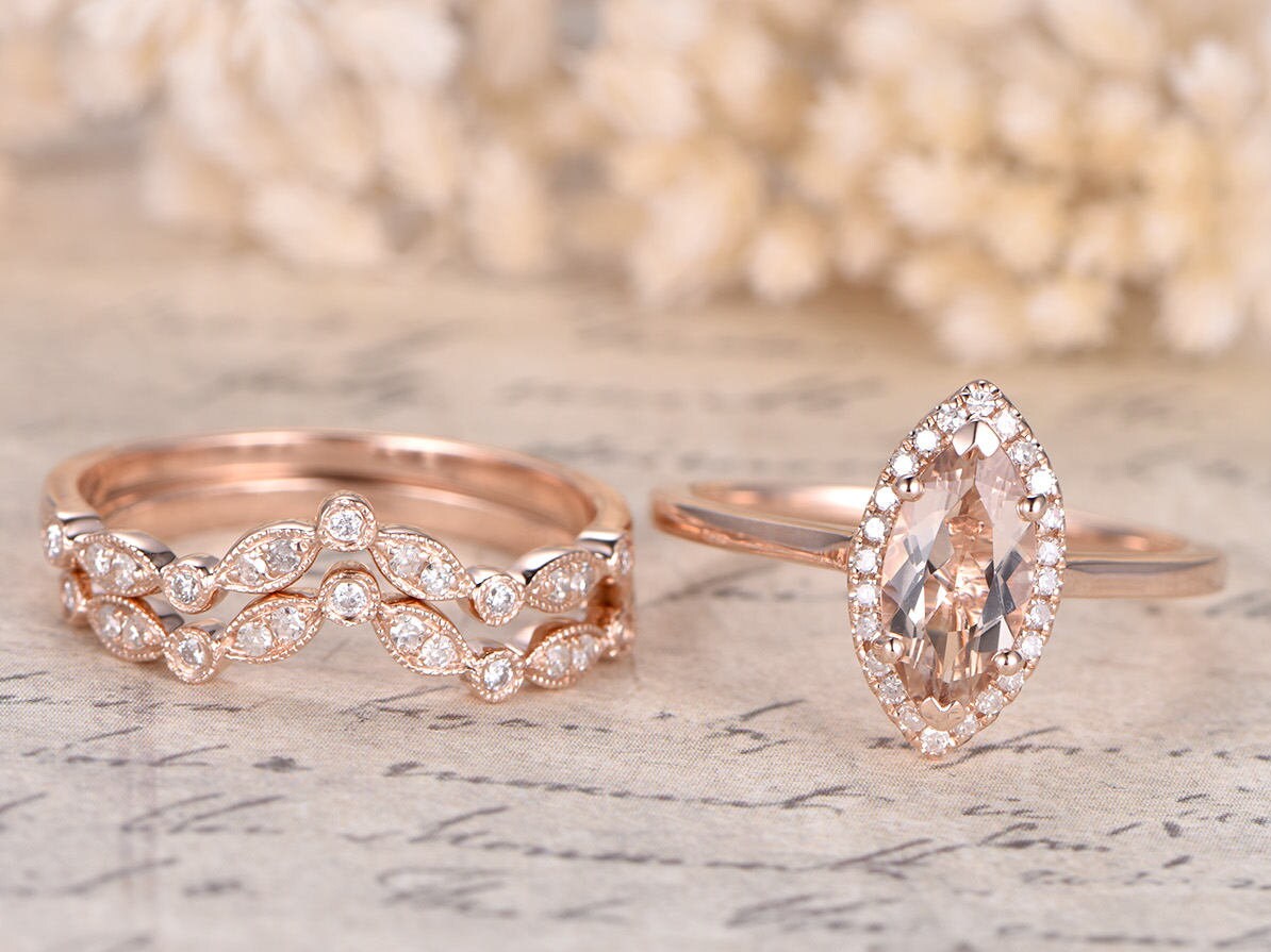 5x10mm Marquise Cut Morganite Engagement Ring Set 3pcs Diamond Halo | Two Art Deco Matching Band