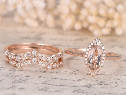 5x10mm Marquise Cut Morganite Engagement Ring Set 3pcs Diamond Halo | Two Art Deco Matching Band