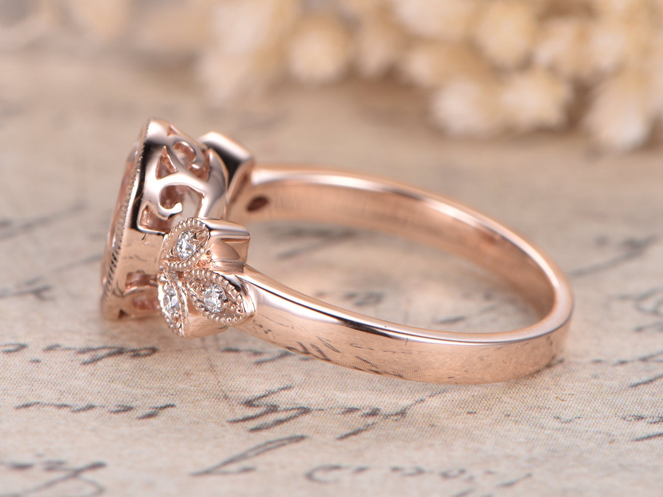 6x8mm Oval Cut Morganite Engagement Ring 14K Rose Gold Diamond Floral Plain Band