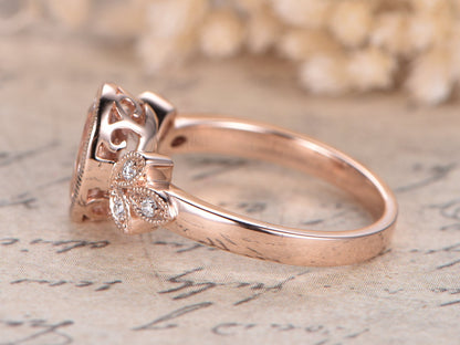 6x8mm Oval Cut Morganite Engagement Ring 14K Rose Gold Diamond Floral Plain Band