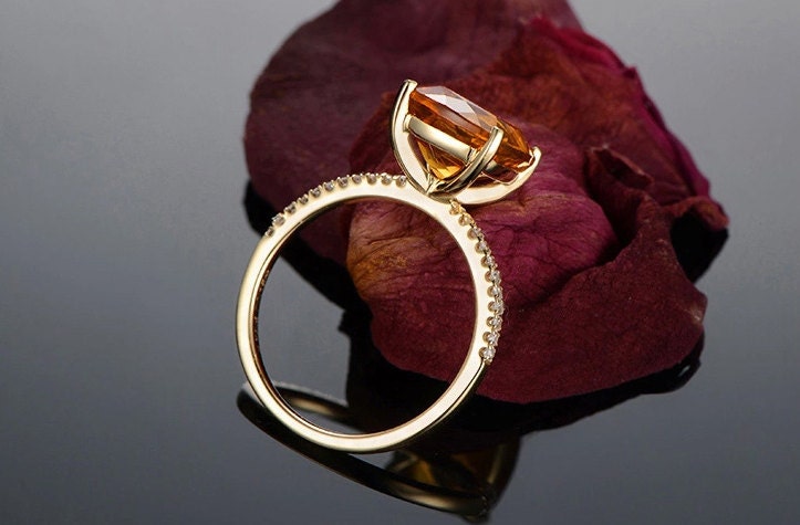 7mm Cushion Cut Citrine Engagement Ring 14K Yellow Gold Solitaire Diamond Half Eternity