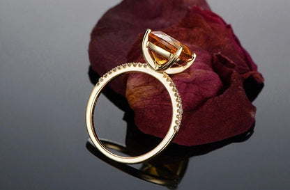 7mm Cushion Cut Citrine Engagement Ring 14K Yellow Gold Solitaire Diamond Half Eternity