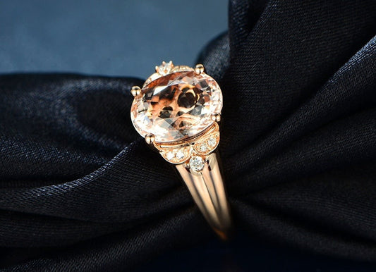 Bague de fiançailles en or rose et morganite, bague de fiançailles en or rose et morganite ovale 8 x 10 mm, or massif 14 carats