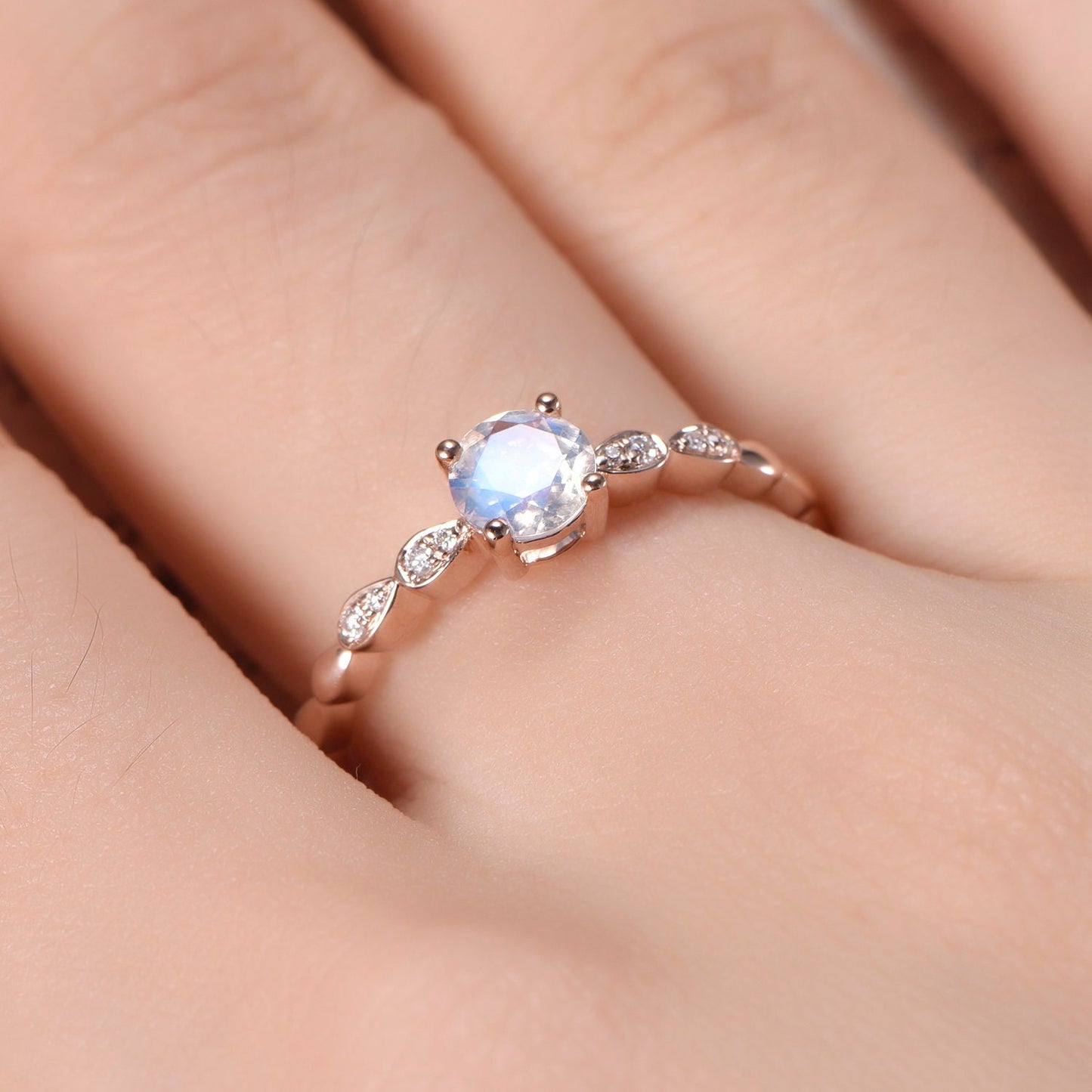 5mm Round Cut Rainbow Moonstone Engagement Ring 14K Rose Gold Diamond Art Deco Solitaire