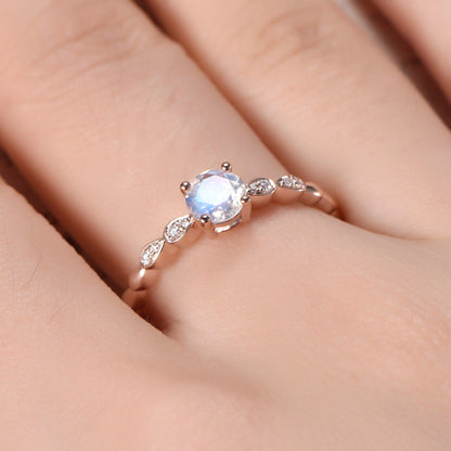 5mm Round Cut Rainbow Moonstone Engagement Ring 14K Rose Gold Diamond Art Deco Solitaire