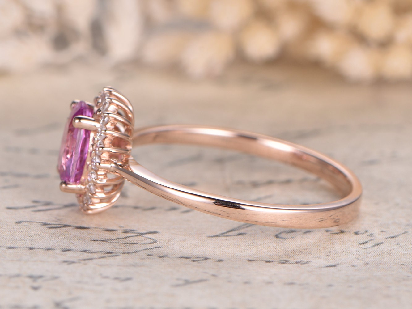 5x7mm Oval Cut Pink Sapphire Engagement Ring 14K Rose Gold Diamond Halo Plain Band