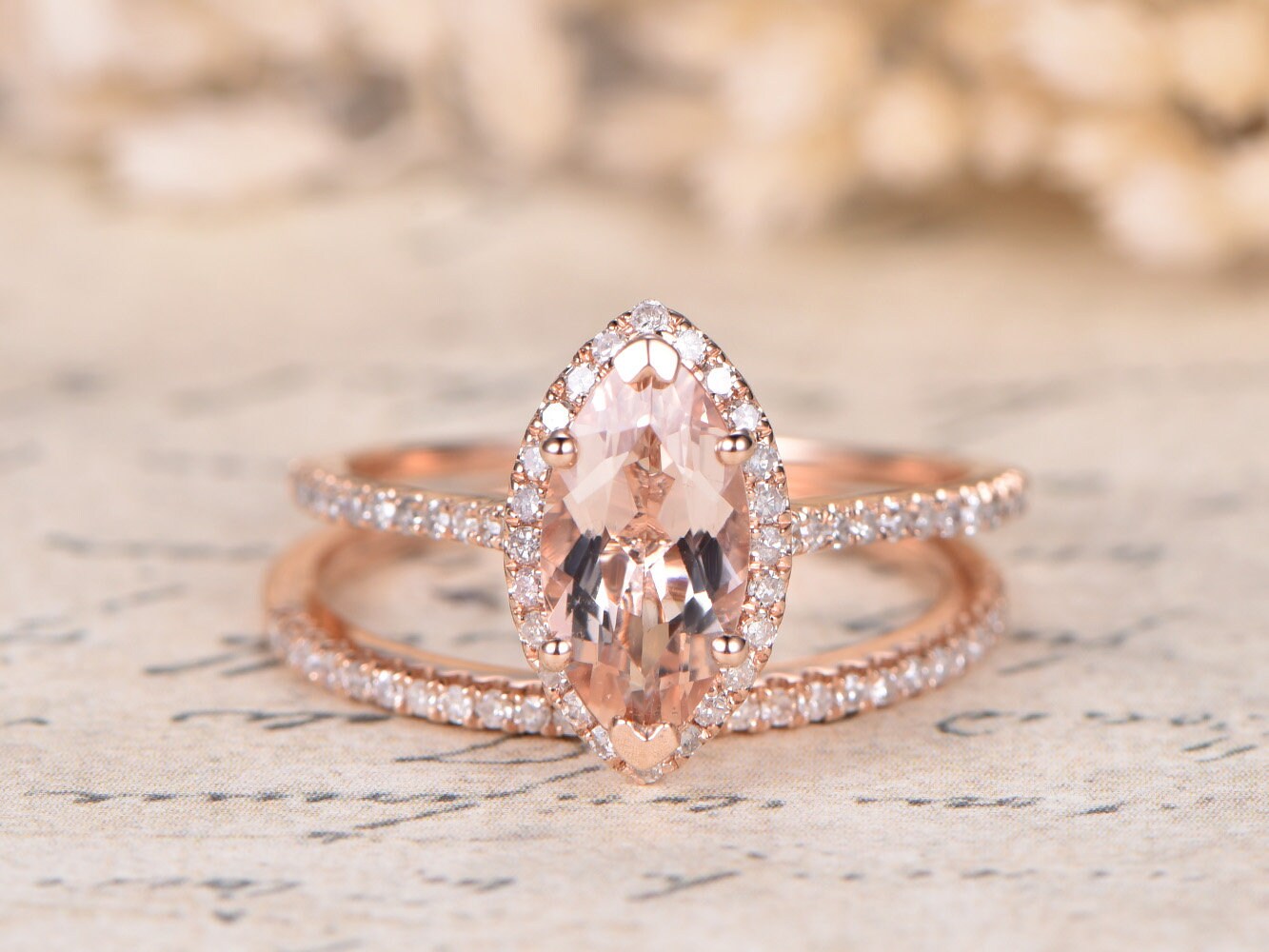 5x10mm Marquise Cut Morganite Engagement Ring Set 2pcs Diamond Halo | Thin Matching Band