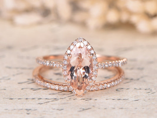 5x10mm Marquise Cut Morganite Engagement Ring Set 2pcs Diamond Halo | Thin Matching Band