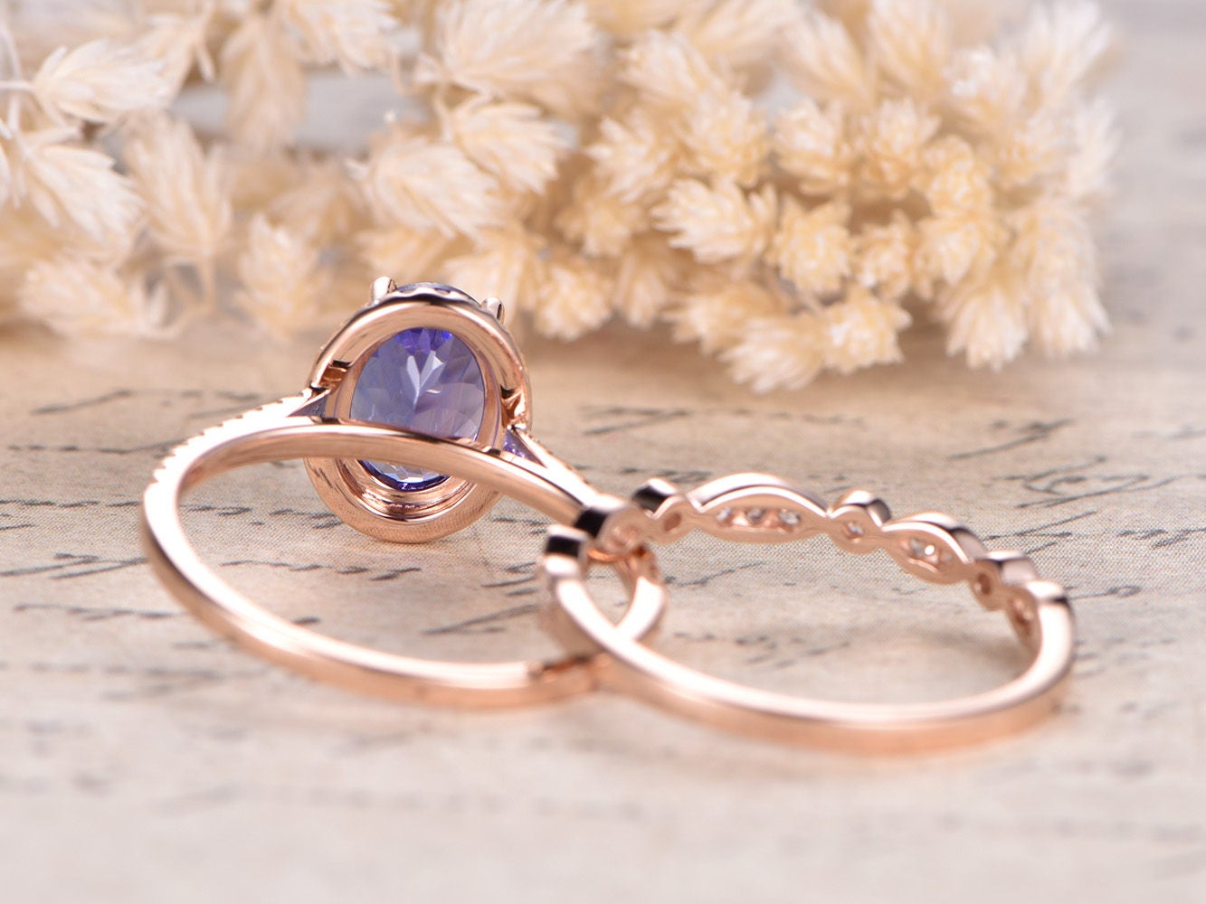 6x8mm Oval Cut Tanzanite Engagement Ring Set 2pcs 14K Rose Gold Diamond Halo | Art Deco Matching Band