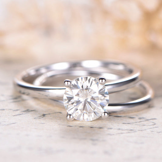 6.5mm-round-cut-moissanite-engagement-ring-set-2pcs-14k-white-gold-plain-band-solitaire-design