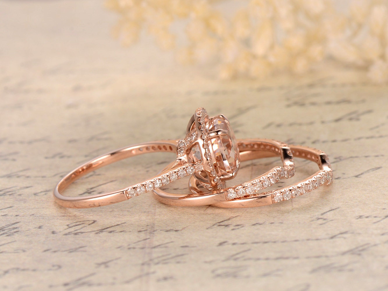 8mm Round Cut Morganite Engagement Ring Set 3pcs 14K Rose Gold Diamond Halo Half Eternity | Two Curved Band