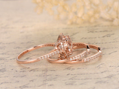 8mm Round Cut Morganite Engagement Ring Set 3pcs 14K Rose Gold Diamond Halo Half Eternity | Two Curved Band