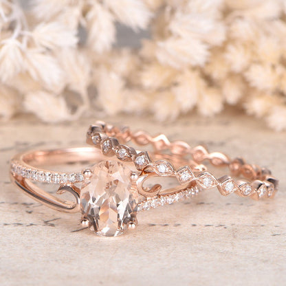 Bague de fiançailles en morganite, alliance en or rose 14 carats et diamants (ensemble de 2 bagues de promesse), bague en morganite 6x8 mm sertie de diamants sur toute l'éternité