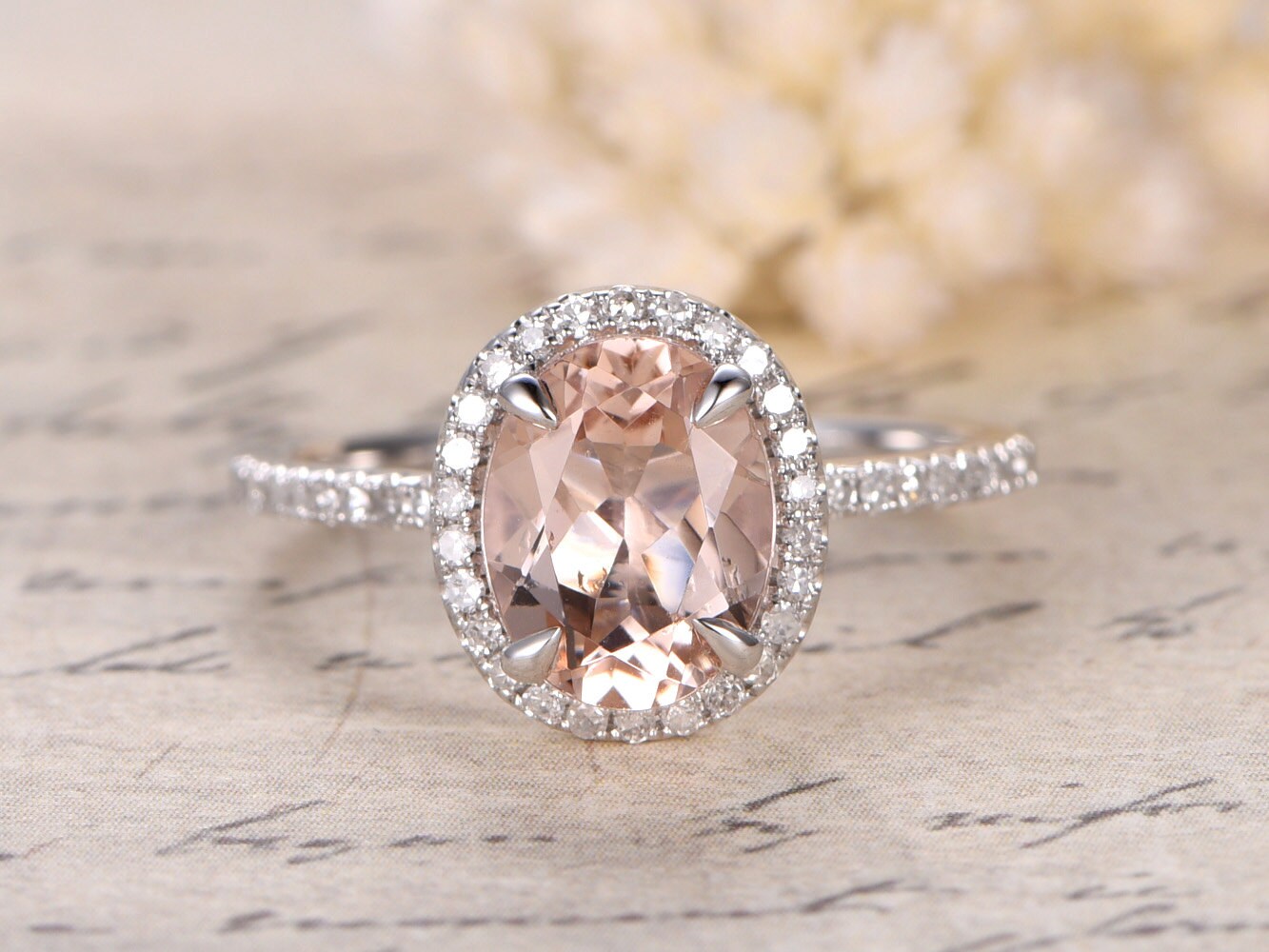 6x8mm Oval Cut Morganite Engagement Ring 14K White Gold Diamond Halo Design Half Eternity