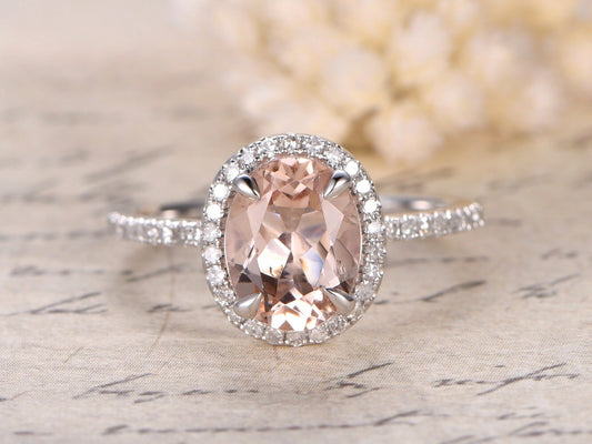 Bague en morganite, bague de fiançailles en or blanc et morganite, or massif 14 carats, bague de fiançailles vintage, alliance ovale 6 x 8 mm, alliance en diamants