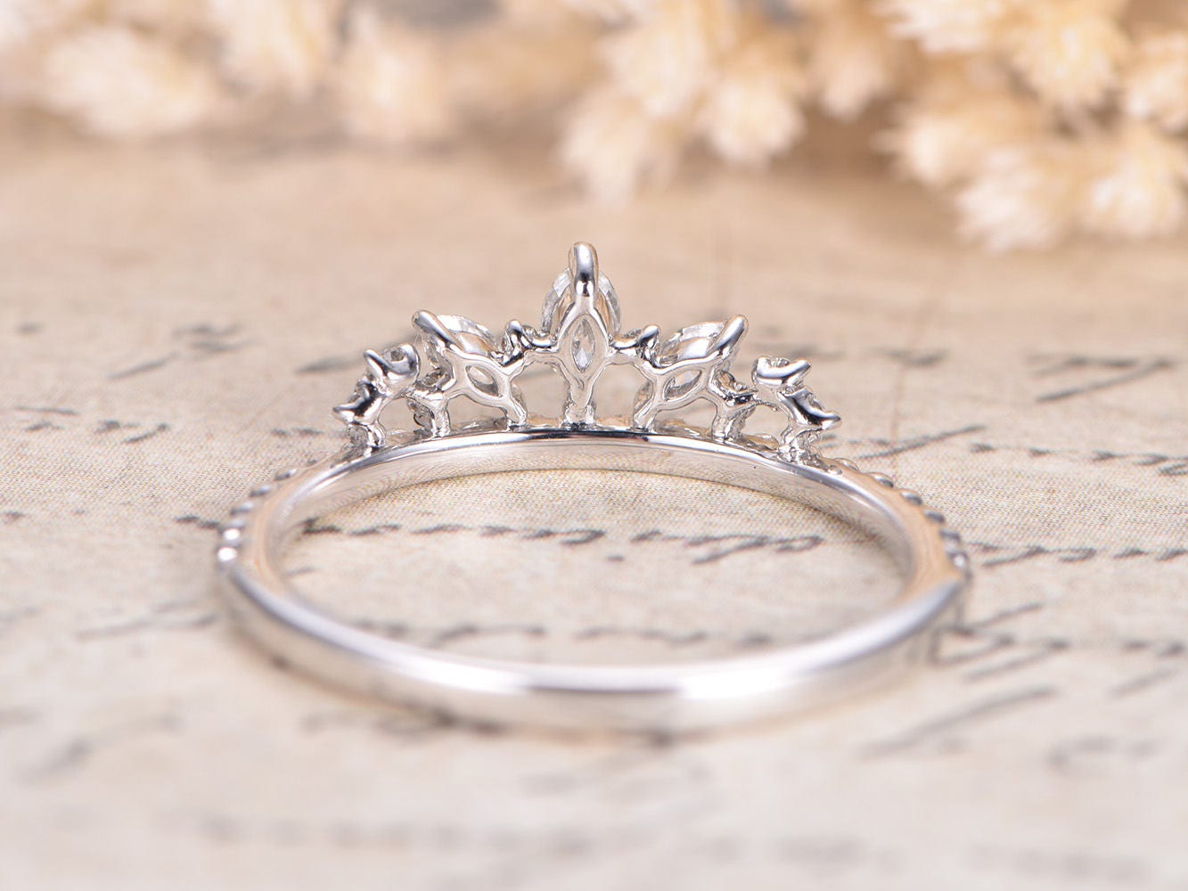 marquise-shaped-crown-diamond-wedding-band-14k-white-gold-ball-design-plain-band
