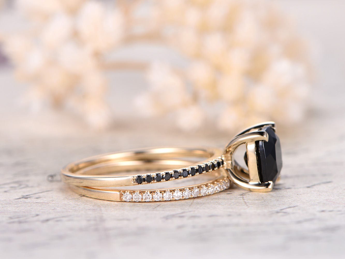 7mm-cushion-cut-black-spinel-engagement-ring-set-2pcs-solid-14k-yellow-gold-black-diamond-band-thin-matching-band