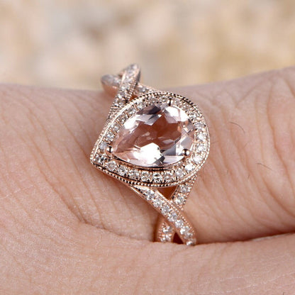 Bague en or rose 14 carats avec morganite rose, bague de fiançailles et alliance sertie de diamants, anneau fendu, diamants taille poire 6x8 mm.