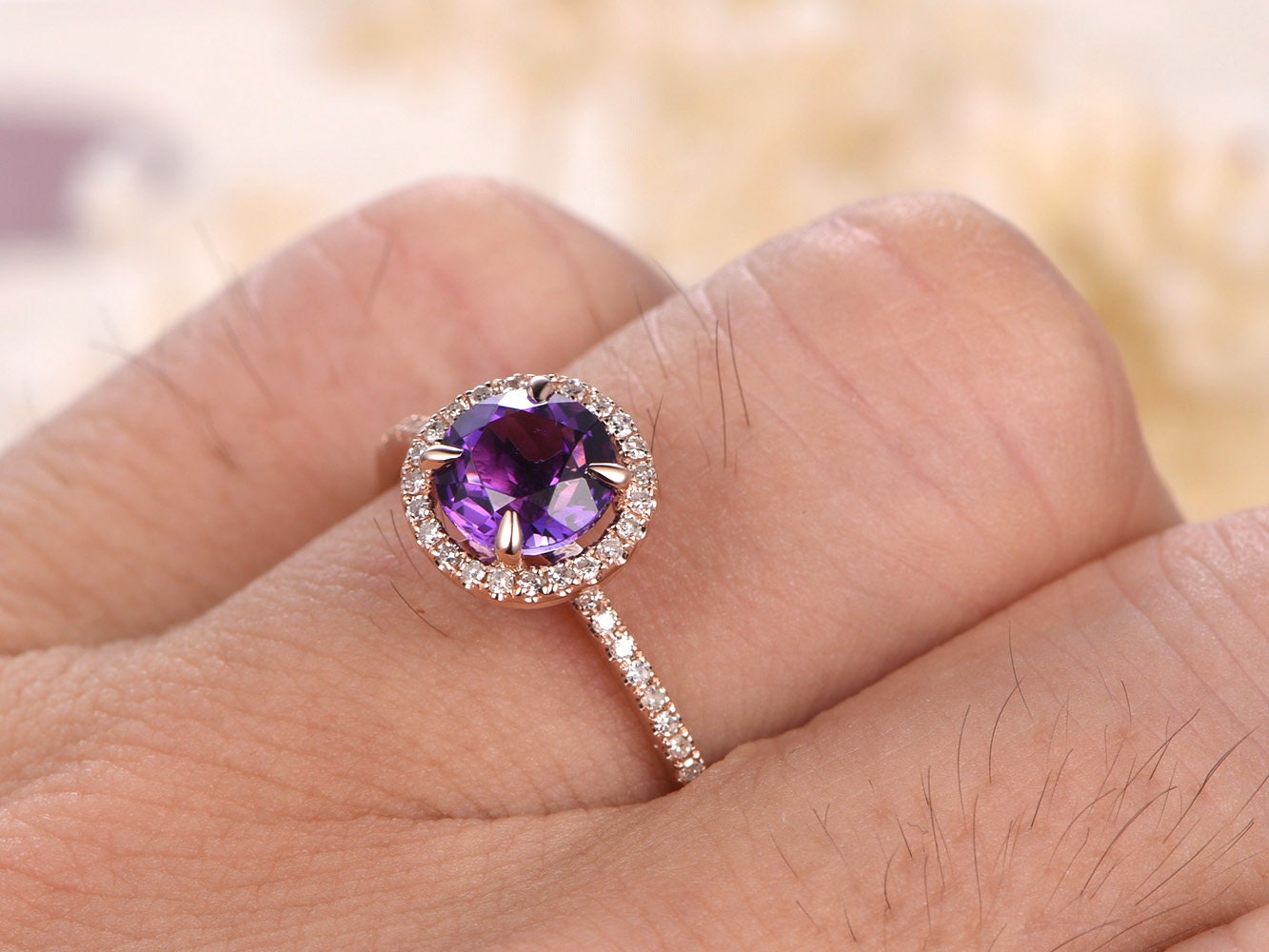 6.5mm-round-cut-amethyst-engagement-ring-14k-rose-gold-diamond-halo-half-eternity-design