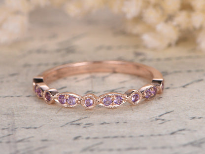 Alliances en améthyste, demi-alliances, bague de fiançailles sertie clos, alliance milgrain, alliance Art déco en diamant et or rose 14 carats