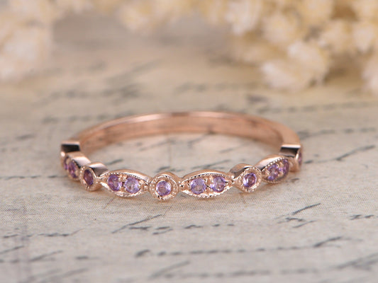 Alliances en améthyste, demi-alliances, bague de fiançailles sertie clos, alliance milgrain, alliance Art déco en diamant et or rose 14 carats