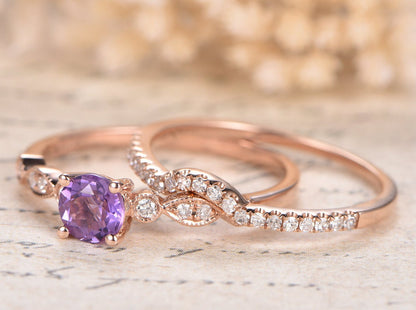 Ensemble de bagues de fiançailles en améthyste, alliance demi-éternité en or rose 14 carats et diamants, bague de mariage avec améthyste de 5 mm.
