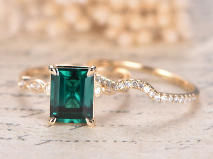 Bague de fiançailles en or jaune 14 carats avec émeraude, style Art déco, demi-alliance sertie de diamants (7 x 9 mm), bague de promesse avec émeraude taille émeraude.