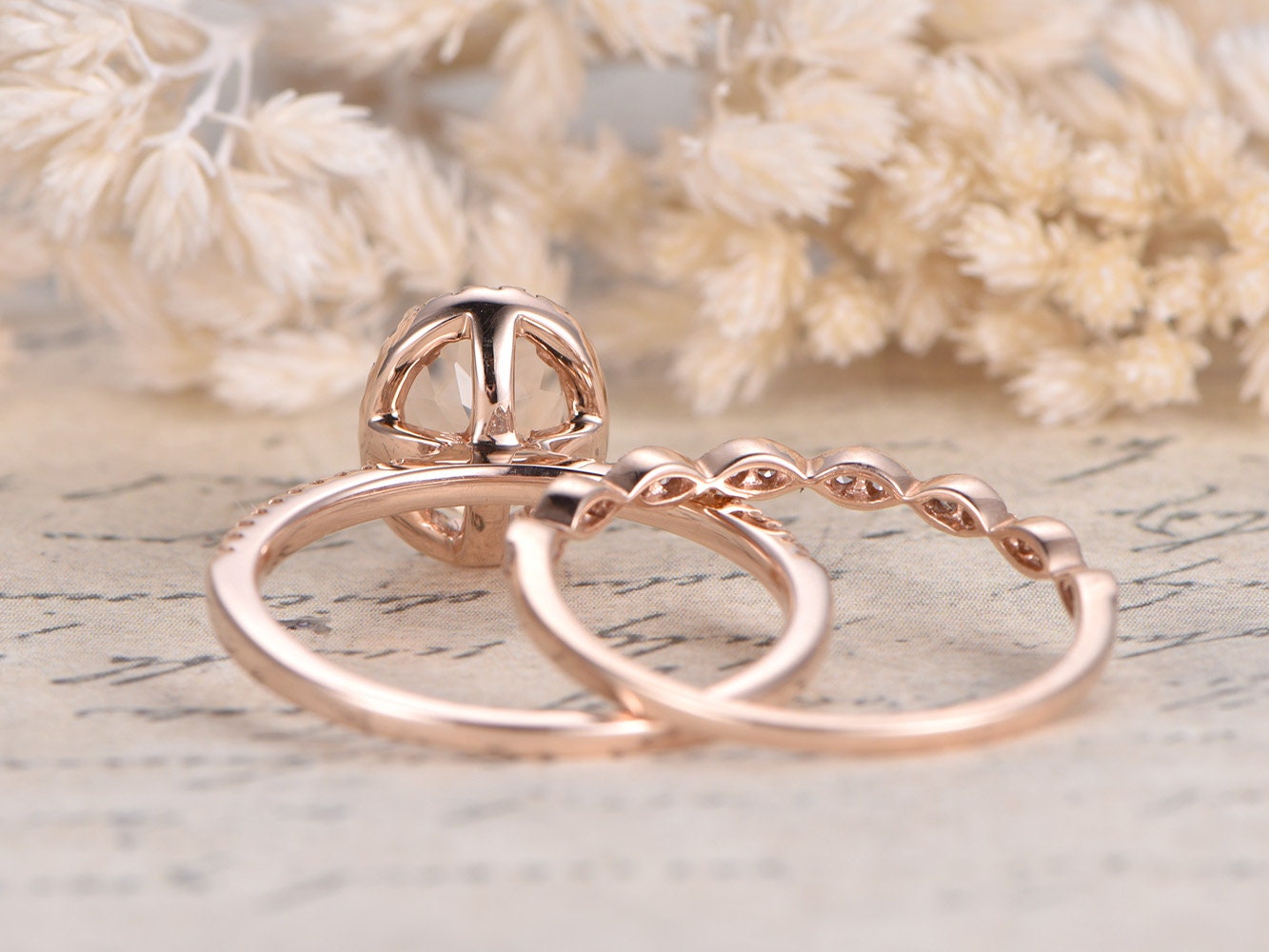 7x9mm-oval-cut-morganite-engagement-ring-set-2pcs-14k-rose-gold-halo-diamond-art-deco-stacking-band