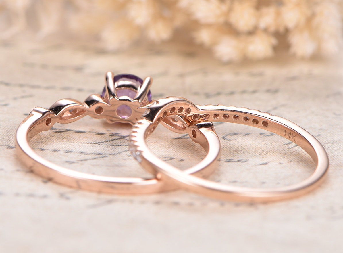 Ensemble de bagues de fiançailles en améthyste, alliance demi-éternité en or rose 14 carats et diamants, bague de mariage avec améthyste de 5 mm.