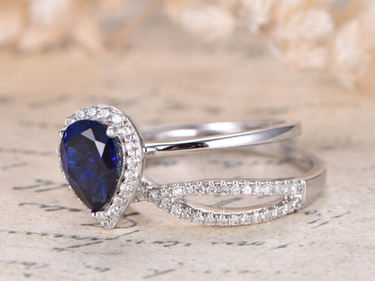 6x8mm Pear Cut Blue Sapphire Engagement Ring Set 2ps 14K White Gold And Diamond Split Shank Band