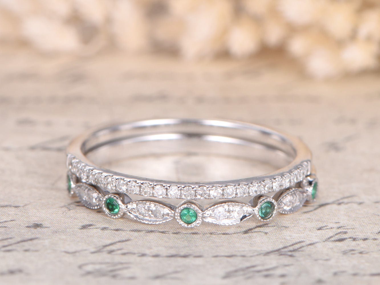 diamond-emerald-wedding-band-set-2pcs-14k-white-gold-half-eternity-design
