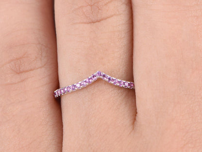 Pink Sapphire Wedding Band Chevron Curved V Wedding Ring 14K White Gold