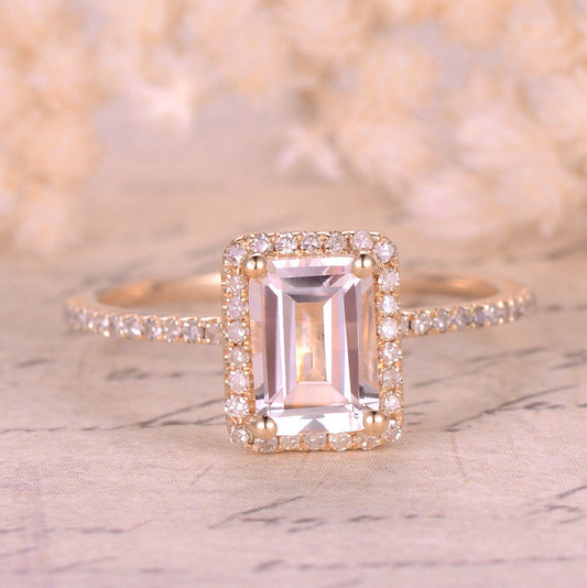 5x7mm Emerald Cut White Topaz Engagement Ring 14K Yellow Gold Diamond Halo Half Eternity