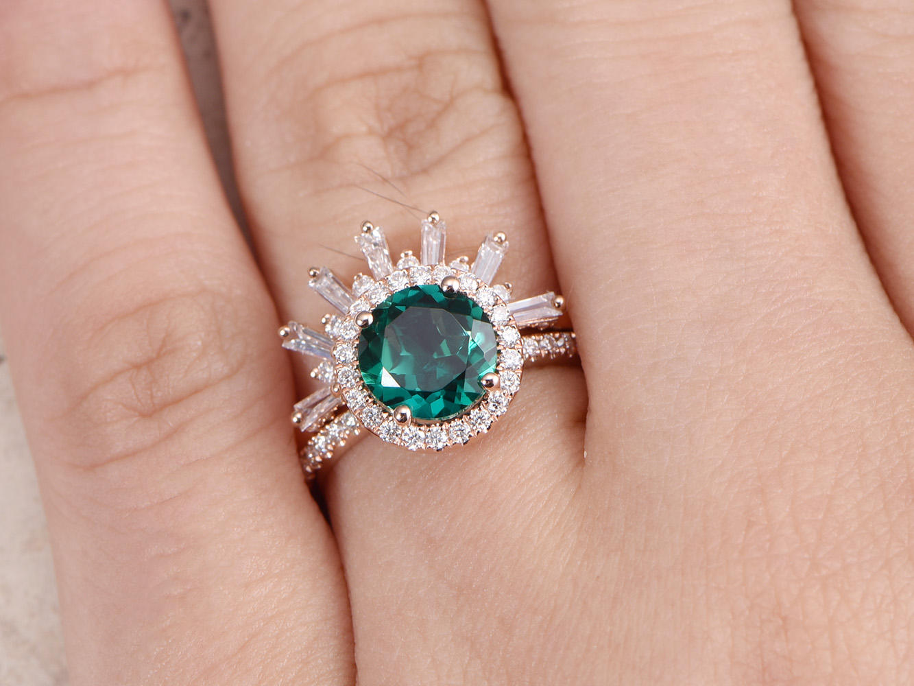 Bague de fiançailles en émeraude, bague en émeraude ronde de 7 mm, alliance VintageCrown en diamants, ensemble de 2 bagues en or rose 14 carats, bague d'anniversaire