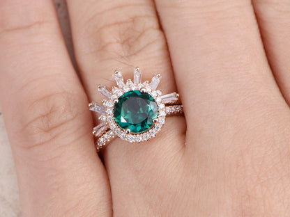 Bague de fiançailles en émeraude, bague en émeraude ronde de 7 mm, alliance VintageCrown en diamants, ensemble de 2 bagues en or rose 14 carats, bague d'anniversaire